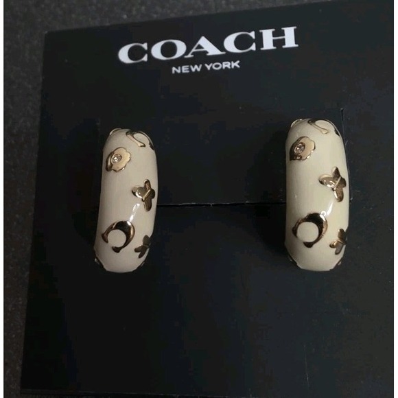 NEW Coach Enamel Signature Floral Huggie Earrings White Gold Dangle Stud - Picture 3 of 5